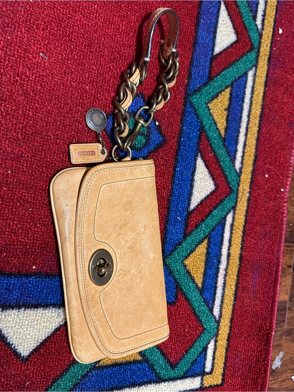 Coach Tan Leather Turnlock Clutch Wristlet with Braided Chain